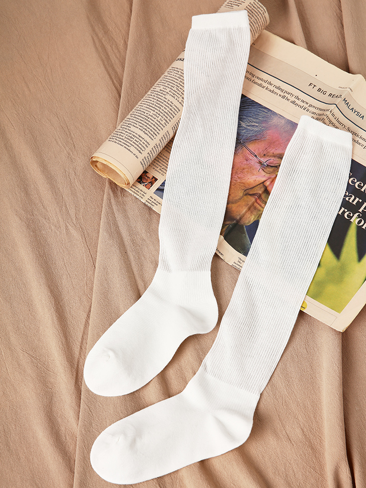 LL Socks Women White Knee High Socks Islands and Clouds Vertical Striped Thin Socks 1 Pairs