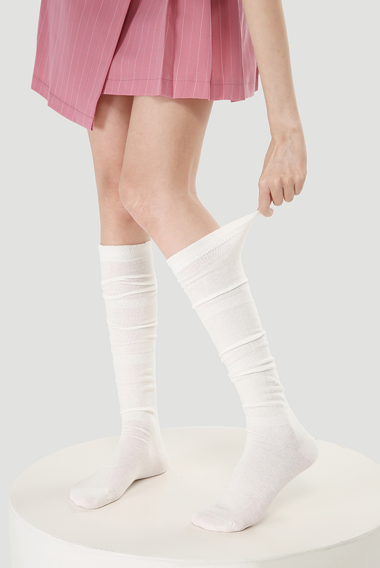 LL Socks Women White Knee High Socks White Tea Folds White Knee High Socks 1 Pairs