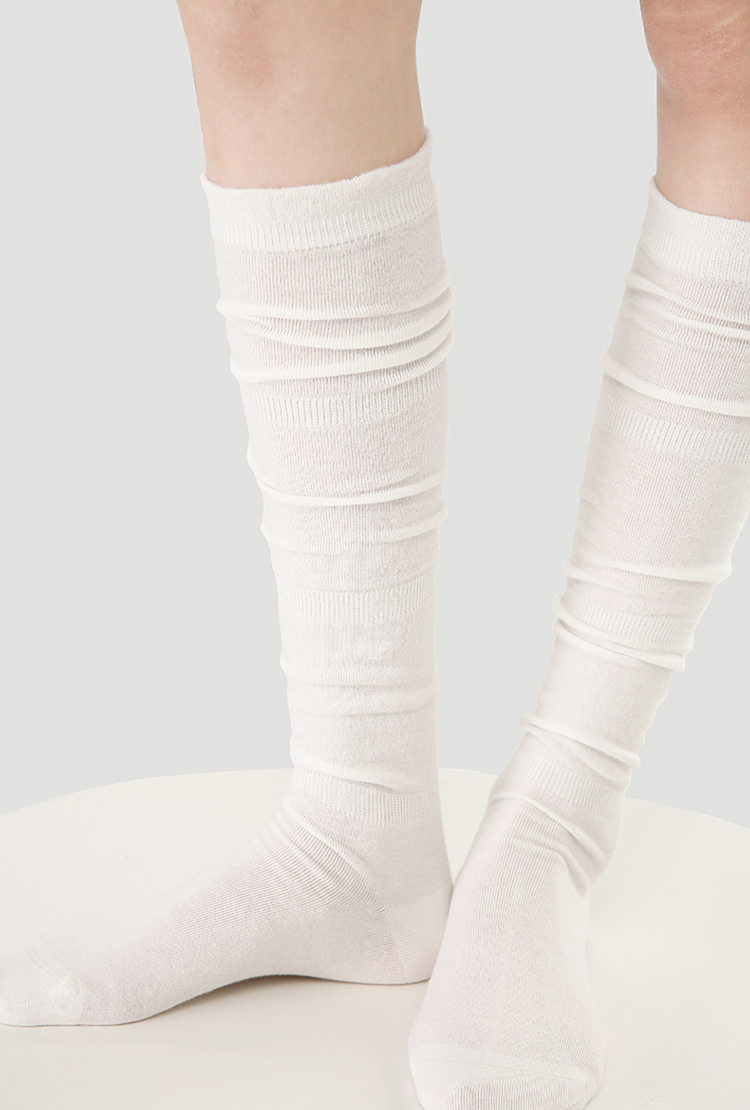 LL Socks Women White Knee High Socks White Tea Folds White Knee High Socks 1 Pairs