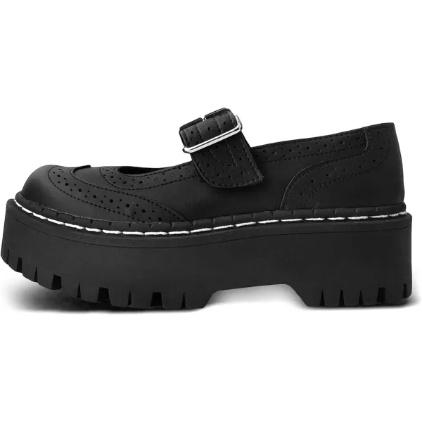 T.U.K. Black TUKskin™ Double Decker Mary Jane Shoes for Women, Round Toe Ankle Strap Platform Chunky Heel