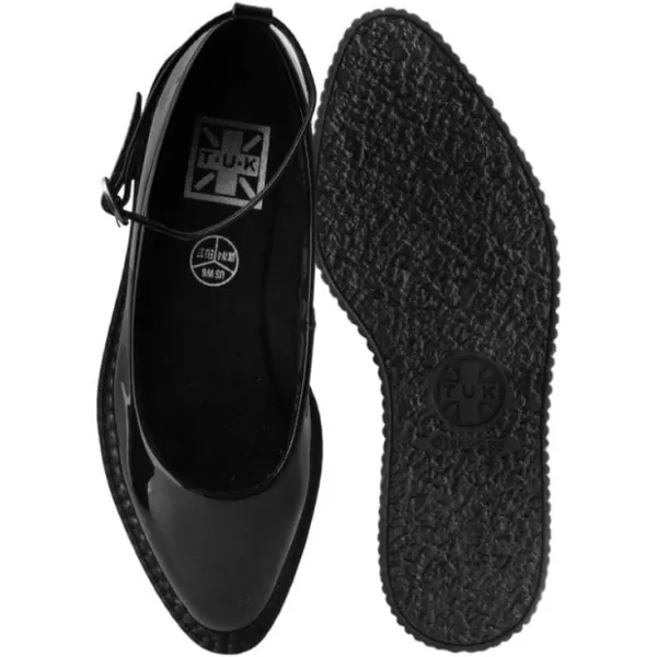 T.U.K. Shoes Black Hologram Pointed Ballet Ankle Strap Creeper Sneaker Flats for Women