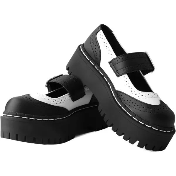 T.U.K. Shoes Black/White TUKskin™ Double Decker Mary Jane Shoes for Women, Round Toe Ankle Strap Platform Chunky Heel Gothic vintage Oxford Dress