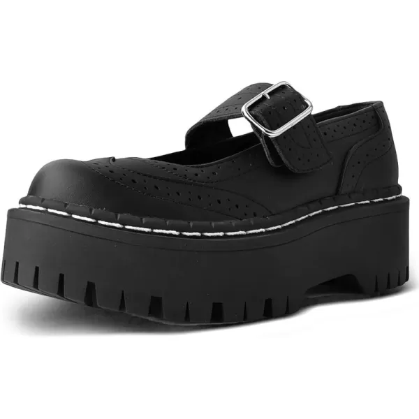 T.U.K. Black TUKskin™ Double Decker Mary Jane Shoes for Women, Round Toe Ankle Strap Platform Chunky Heel