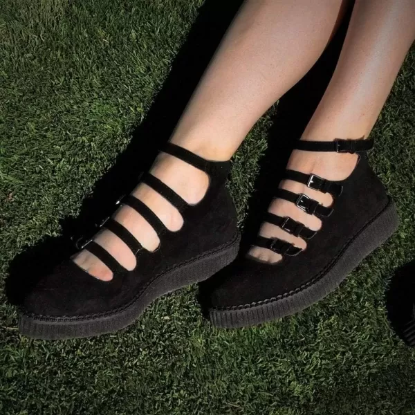 imageTUK Shoes Black Faux Suede MultiStrap Pointed Creeper Sneaker Flats Mary Janes for Women  US Women 11