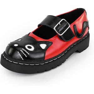 imageTUK Kitty Cat Mary Jane Shoes for Women Round Toe Ankle Strap Oxford ShoesBlack and Red Leather