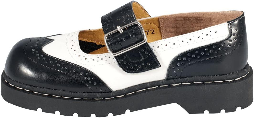 imageTUK Womens Brogue Mary Jane Flat Shoes  Black Leather Vintage Style Wingtip Detailing Adjustable Buckle Strap Cushioned Insole Sturdy Sole Low Heel Comfortable Fit VeganBlackWhite