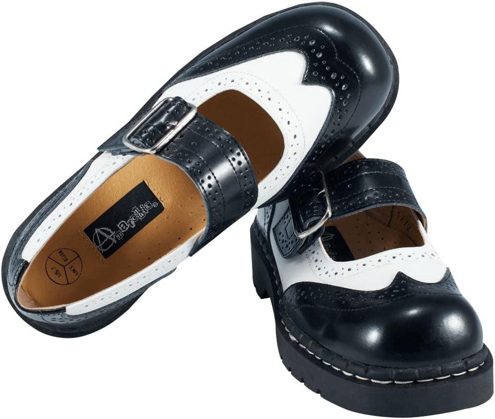 imageTUK Womens Brogue Mary Jane Flat Shoes  Black Leather Vintage Style Wingtip Detailing Adjustable Buckle Strap Cushioned Insole Sturdy Sole Low Heel Comfortable Fit VeganBlackWhite