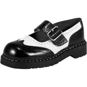 imageTUK Womens Brogue Mary Jane Flat Shoes  Black Leather Vintage Style Wingtip Detailing Adjustable Buckle Strap Cushioned Insole Sturdy Sole Low Heel Comfortable Fit VeganBlackWhite