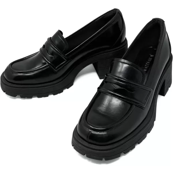 JENN ARDOR Chunky Block Heel Loafers for Women Closed Round Toe Platform Pumps Slip On Dress Shoes Wedding Party Office Lady ShoesBlackpu