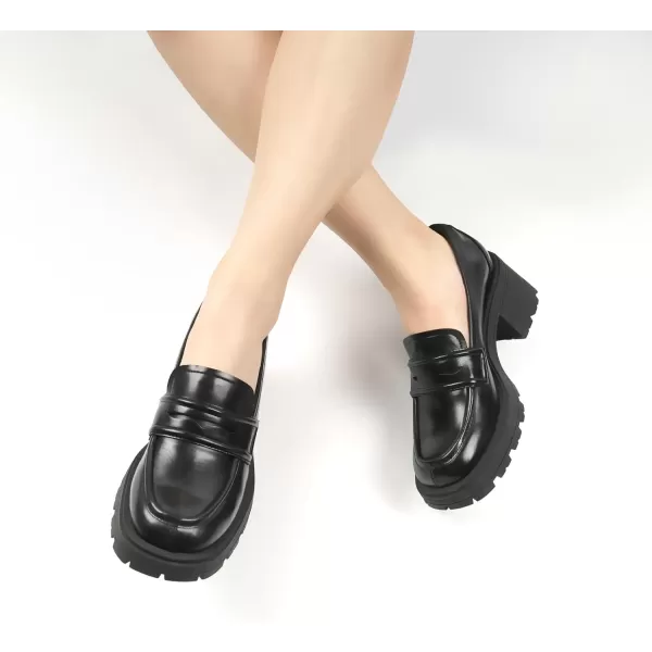 JENN ARDOR Chunky Block Heel Loafers for Women Closed Round Toe Platform Pumps Slip On Dress Shoes Wedding Party Office Lady ShoesBlackpu