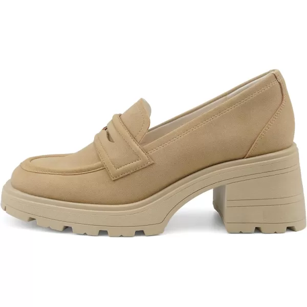JENN ARDOR Chunky Block Heel Loafers for Women Closed Round Toe Platform Pumps Slip On Dress Shoes Wedding Party Office Lady ShoesCamelsuede