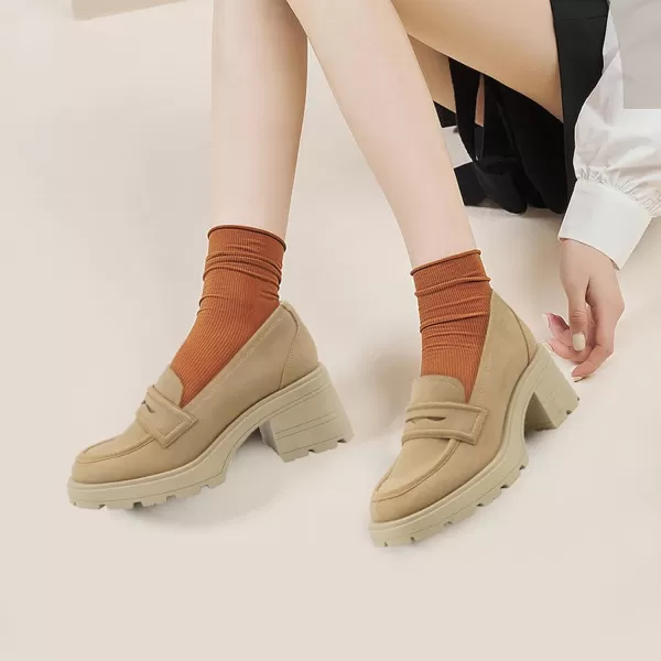 JENN ARDOR Chunky Block Heel Loafers for Women Closed Round Toe Platform Pumps Slip On Dress Shoes Wedding Party Office Lady ShoesCamelsuede