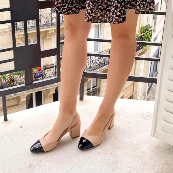 JENN ARDOR Closed Toe Chunky Heels Slingback Pumps Block Dress Shoes Women Comfort Classic Splicing Pointy Cap Toe Low Heels Sandals 25 inch for WeddingNude
