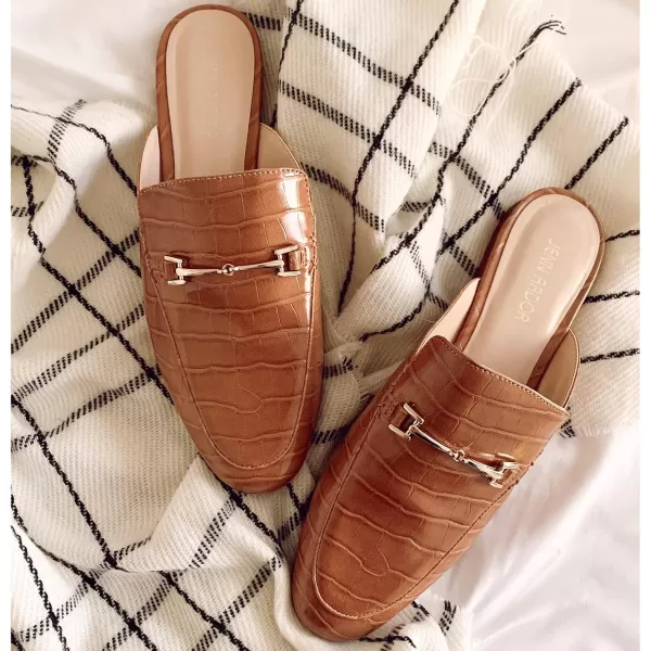 JENN ARDOR Mules for Women Slip On Flats Backless Loafers Slippers Closed Pointed Toe Slides Metal Chain Flats Low Heel Work Mules Casual Walking ShoesCamel Croc Mules