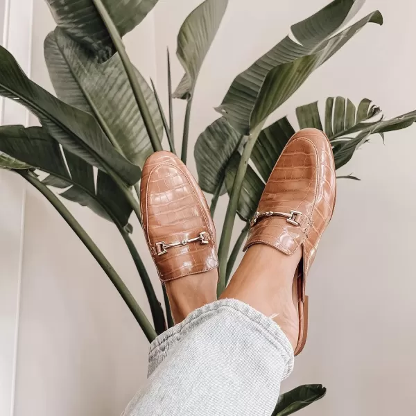 JENN ARDOR Mules for Women Slip On Flats Backless Loafers Slippers Closed Pointed Toe Slides Metal Chain Flats Low Heel Work Mules Casual Walking ShoesCamel Croc Mules
