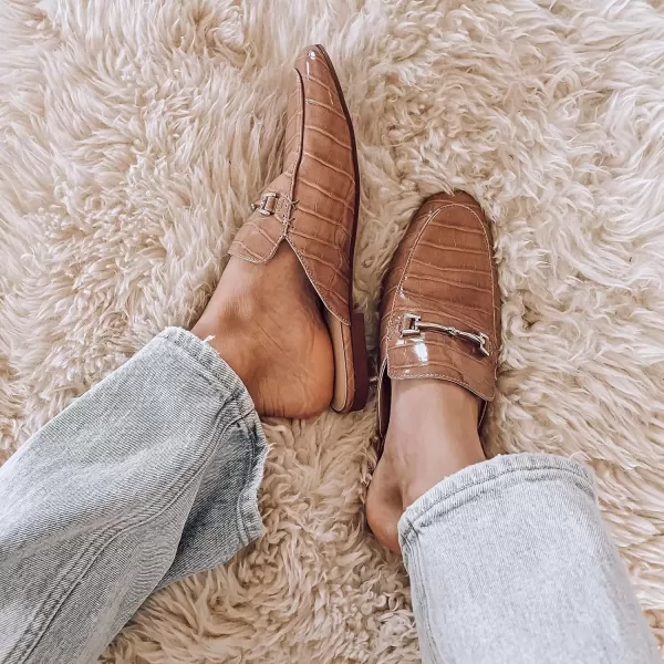 JENN ARDOR Mules for Women Slip On Flats Backless Loafers Slippers Closed Pointed Toe Slides Metal Chain Flats Low Heel Work Mules Casual Walking ShoesCamel Croc Mules