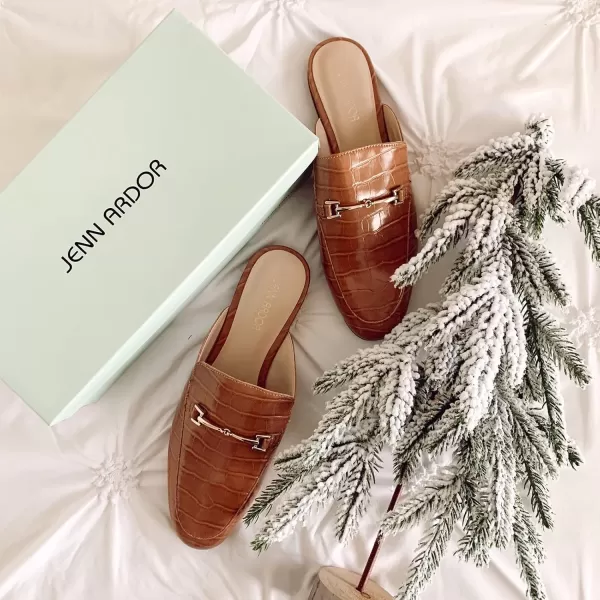JENN ARDOR Mules for Women Slip On Flats Backless Loafers Slippers Closed Pointed Toe Slides Metal Chain Flats Low Heel Work Mules Casual Walking ShoesCamel Croc Mules