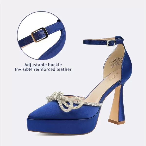 JENN ARDOR Platform Heels for Women Rhinestone Sparkly Bow High Heels Closed Pointed Toe Stilettos Ankle Buckle Strap Pumps Wedding Party Prom Dress ShoesDeep Blue  Super Soft Silk