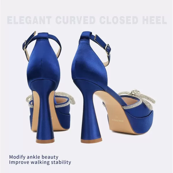 JENN ARDOR Platform Heels for Women Rhinestone Sparkly Bow High Heels Closed Pointed Toe Stilettos Ankle Buckle Strap Pumps Wedding Party Prom Dress ShoesDeep Blue  Super Soft Silk