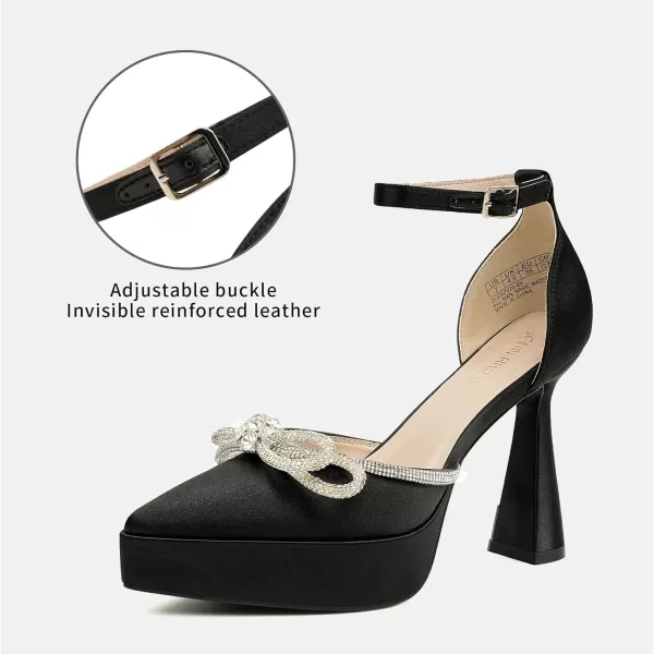 JENN ARDOR Platform Heels for Women Rhinestone Sparkly Bow High Heels Closed Pointed Toe Stilettos Ankle Buckle Strap Pumps Wedding Party Prom Dress ShoesBlack  Super Soft Silk