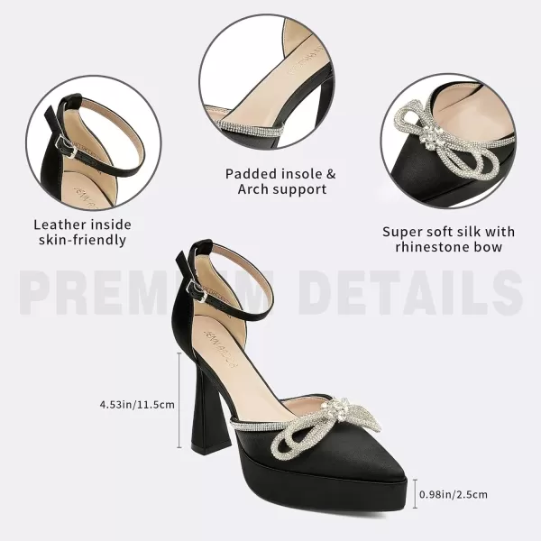 JENN ARDOR Platform Heels for Women Rhinestone Sparkly Bow High Heels Closed Pointed Toe Stilettos Ankle Buckle Strap Pumps Wedding Party Prom Dress ShoesBlack  Super Soft Silk