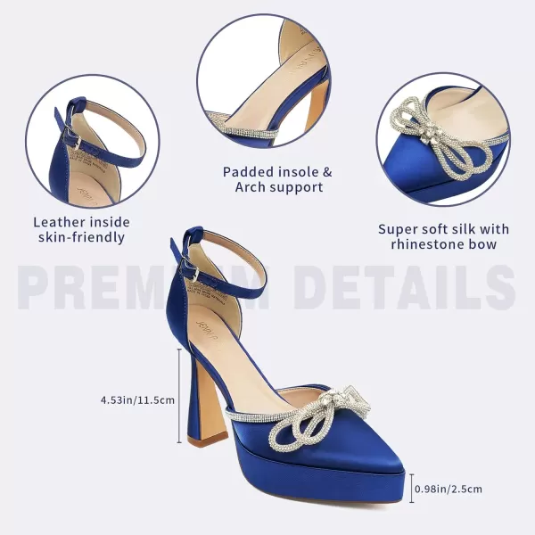 JENN ARDOR Platform Heels for Women Rhinestone Sparkly Bow High Heels Closed Pointed Toe Stilettos Ankle Buckle Strap Pumps Wedding Party Prom Dress ShoesDeep Blue  Super Soft Silk
