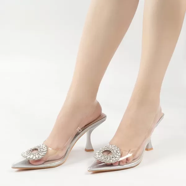 JENN ARDOR Slingback Pumps Pointed Closed Toe Transparent Heels with Rhinestones Comfortable Clear Stiletto Strappy High Heeled Sandals Wedding Dress Shoes for WomenSliver