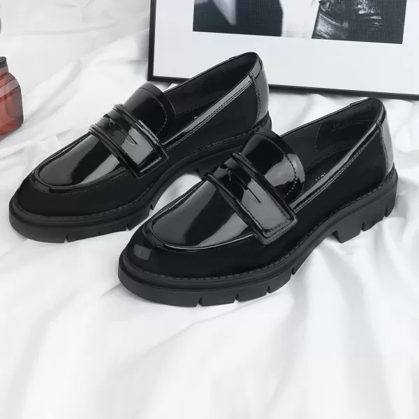 JENN ARDOR Womens Chunky Loafers Slip On Lug Sole Penny Loafer Comfort Casual Round Toe Mid Heels Platform Work ShoesShiny Patent Leatherblack