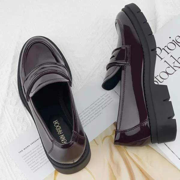 JENN ARDOR Womens Chunky Loafers Slip On Lug Sole Penny Loafer Comfort Casual Round Toe Mid Heels Platform Work ShoesShiny Patent Leathermaroon