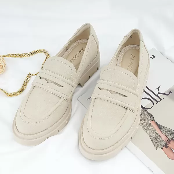JENN ARDOR Womens Chunky Loafers Slip On Lug Sole Penny Loafer Comfort Casual Round Toe Mid Heels Platform Work ShoesSuedebeige