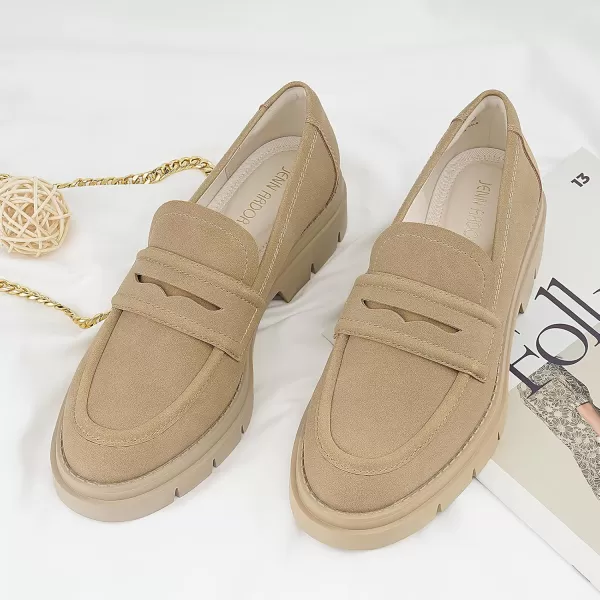 JENN ARDOR Womens Chunky Loafers Slip On Lug Sole Penny Loafer Comfort Casual Round Toe Mid Heels Platform Work ShoesSuedecamel Tan