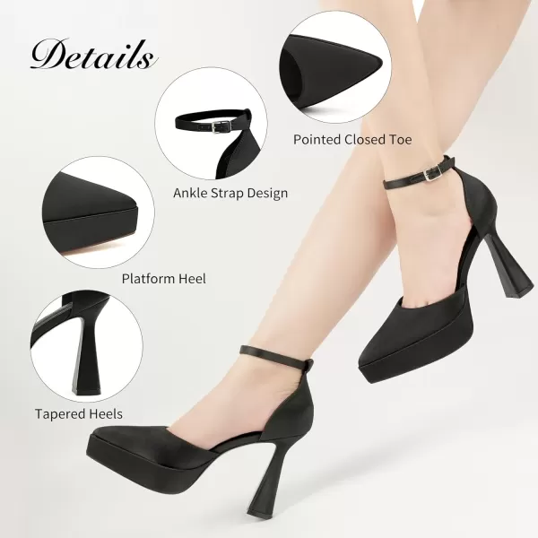 JENN ARDOR Womens Chunky Platform High Block Heels Pointed Closed Toe Ankle Strap Comfortable Sexy Party Dress Wedding Pumps ShoesBlacksatin