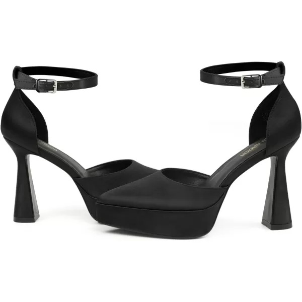 JENN ARDOR Womens Chunky Platform High Block Heels Pointed Closed Toe Ankle Strap Comfortable Sexy Party Dress Wedding Pumps ShoesBlacksatin