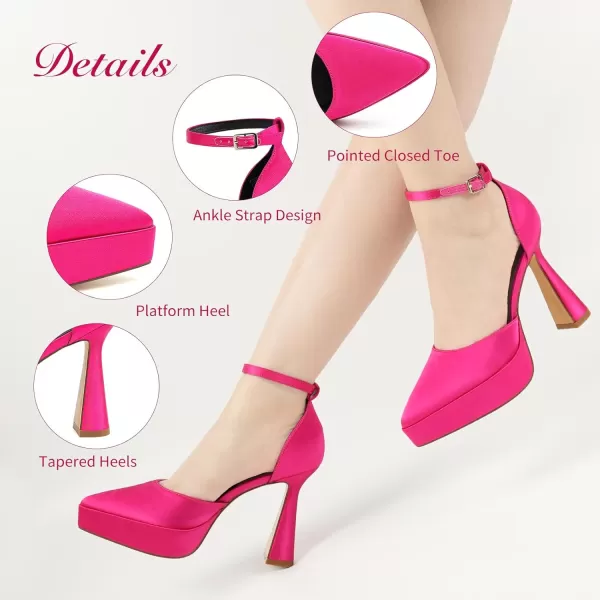 JENN ARDOR Womens Chunky Platform High Block Heels Pointed Closed Toe Ankle Strap Comfortable Sexy Party Dress Wedding Pumps ShoesHot Pinksatin