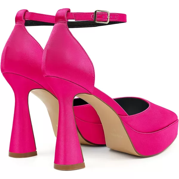 JENN ARDOR Womens Chunky Platform High Block Heels Pointed Closed Toe Ankle Strap Comfortable Sexy Party Dress Wedding Pumps ShoesHot Pinksatin