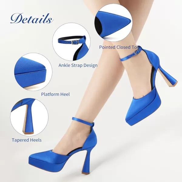 JENN ARDOR Womens Chunky Platform High Block Heels Pointed Closed Toe Ankle Strap Comfortable Sexy Party Dress Wedding Pumps ShoesRoyal Bluesatin