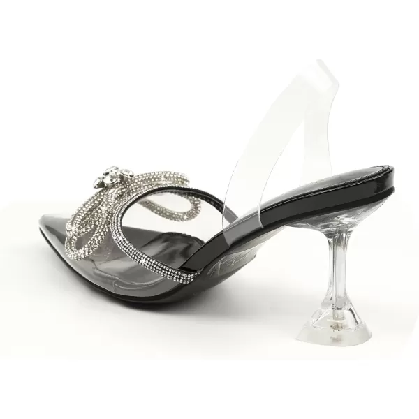 JENN ARDOR Womens Clear Heels Pointed Toe Kitten Heel Bow Pumps Rhinestone Strap Slingback Wedding Party Dress ShoesBlack