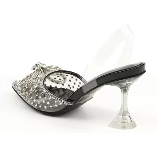 JENN ARDOR Womens Clear Heels Pointed Toe Kitten Heel Bow Pumps Rhinestone Strap Slingback Wedding Party Dress ShoesBlackrhinestone