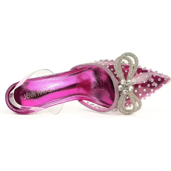 JENN ARDOR Womens Clear Heels Pointed Toe Kitten Heel Bow Pumps Rhinestone Strap Slingback Wedding Party Dress ShoesFuchsia Pinkrhinestone