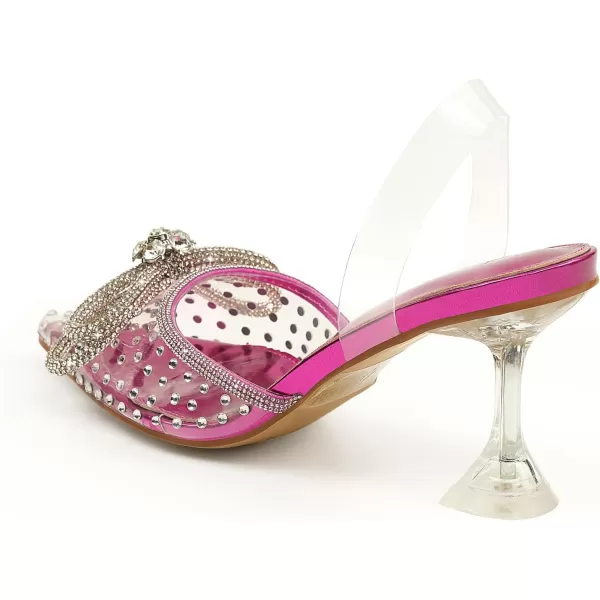 JENN ARDOR Womens Clear Heels Pointed Toe Kitten Heel Bow Pumps Rhinestone Strap Slingback Wedding Party Dress ShoesFuchsia Pinkrhinestone