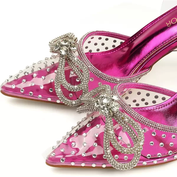 JENN ARDOR Womens Clear Heels Pointed Toe Kitten Heel Bow Pumps Rhinestone Strap Slingback Wedding Party Dress ShoesFuchsia Pinkrhinestone