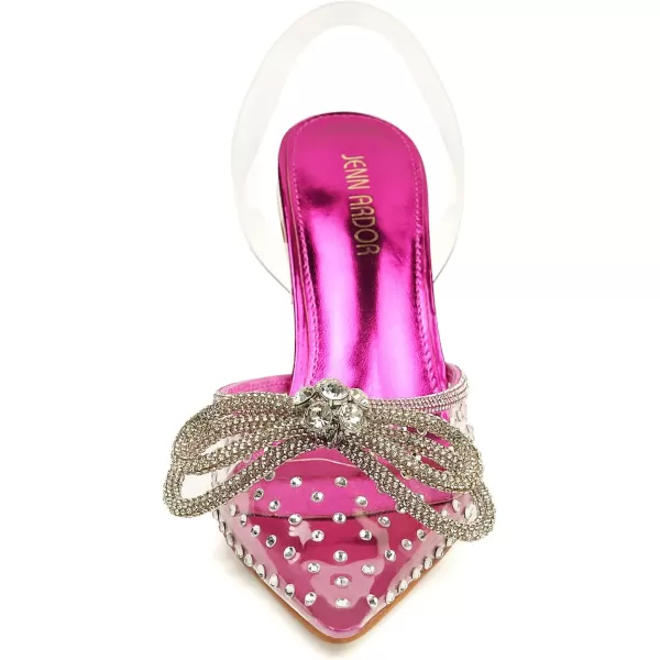 JENN ARDOR Womens Clear Heels Pointed Toe Kitten Heel Bow Pumps Rhinestone Strap Slingback Wedding Party Dress ShoesFuchsia Pinkrhinestone