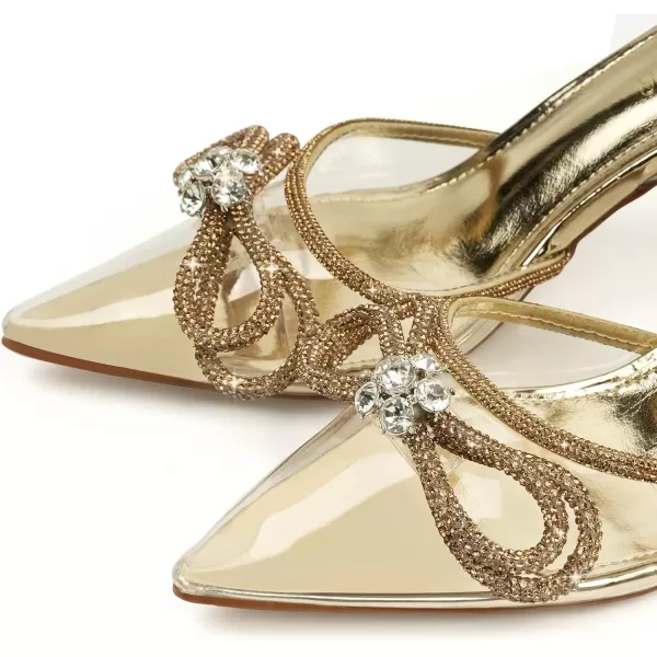 JENN ARDOR Womens Clear Heels Pointed Toe Kitten Heel Bow Pumps Rhinestone Strap Slingback Wedding Party Dress ShoesGold