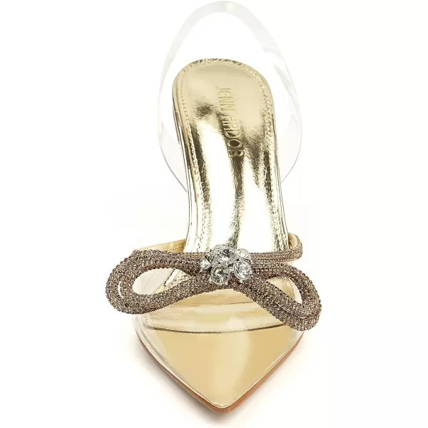 JENN ARDOR Womens Clear Heels Pointed Toe Kitten Heel Bow Pumps Rhinestone Strap Slingback Wedding Party Dress ShoesGold