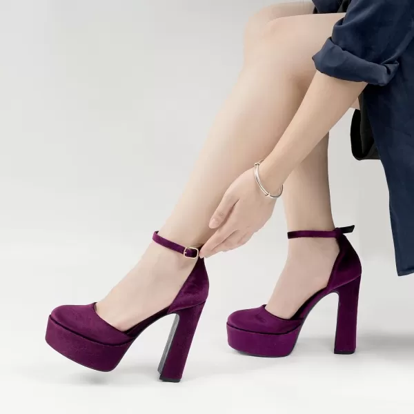 JENN ARDOR Womens Platform Heels Chunky High Heel Pumps Block Heels Ankle Strap Closed Toe for Dress Wedding Party PumpsBurgundy Velvet