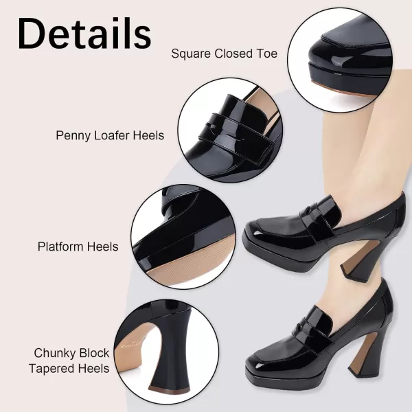 JENN ARDOR Womens Platform Loafer Heels Square Closed Toe Chunky Block High Penny Loafers Pumps Elegant Comfort Casual Slip On Wedding Dress ShoesBlackpu