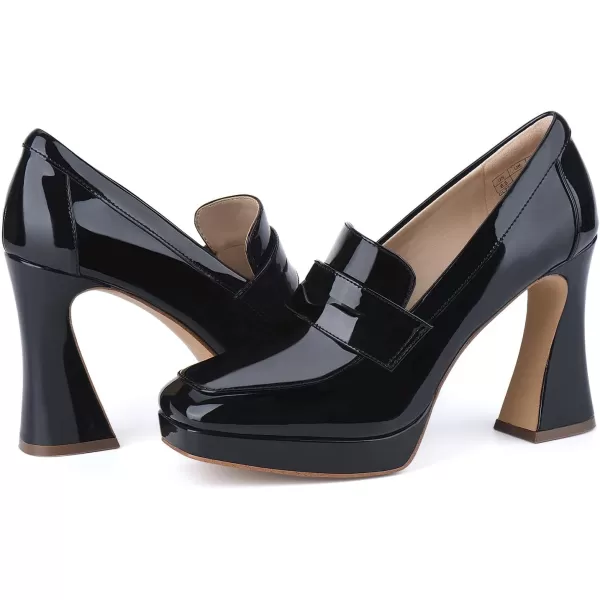 JENN ARDOR Womens Platform Loafer Heels Square Closed Toe Chunky Block High Penny Loafers Pumps Elegant Comfort Casual Slip On Wedding Dress ShoesBlackpu