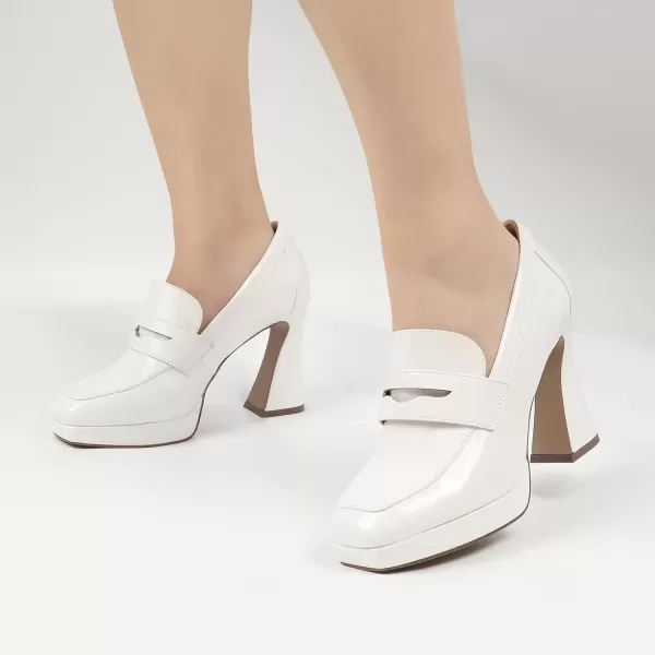 JENN ARDOR Womens Platform Loafer Heels Square Closed Toe Chunky Block High Penny Loafers Pumps Elegant Comfort Casual Slip On Wedding Dress ShoesCream Whitepu
