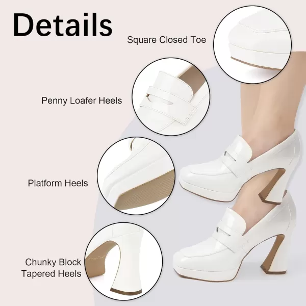 JENN ARDOR Womens Platform Loafer Heels Square Closed Toe Chunky Block High Penny Loafers Pumps Elegant Comfort Casual Slip On Wedding Dress ShoesCream Whitepu
