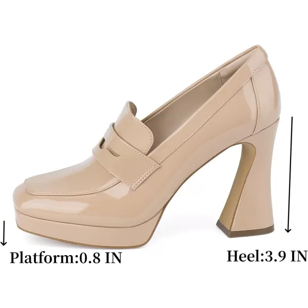 JENN ARDOR Womens Platform Loafer Heels Square Closed Toe Chunky Block High Penny Loafers Pumps Elegant Comfort Casual Slip On Wedding Dress ShoesNudepu